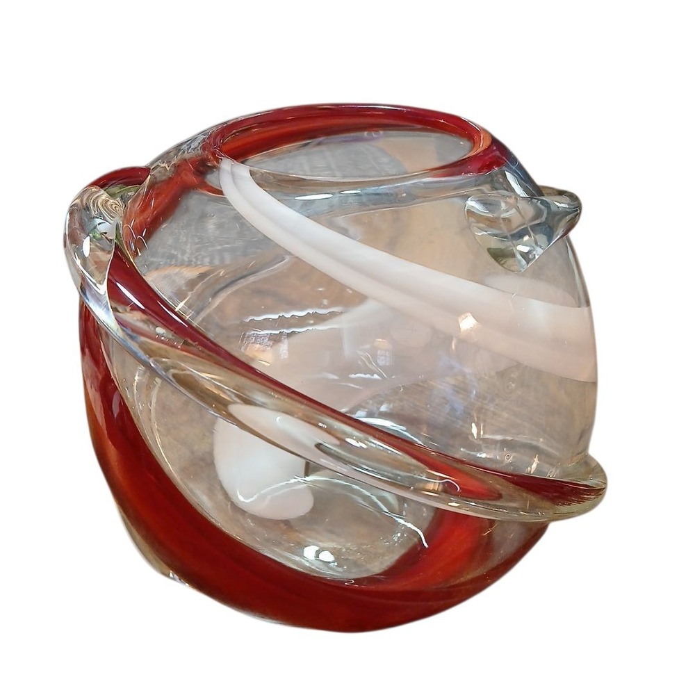 Vtg Gerson International 6.25"T 3D Clear Glass Vase Outside Red White Spiral